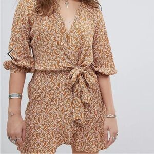 Free People White and Tan Wrap Sundress Puff Sleeve Mini